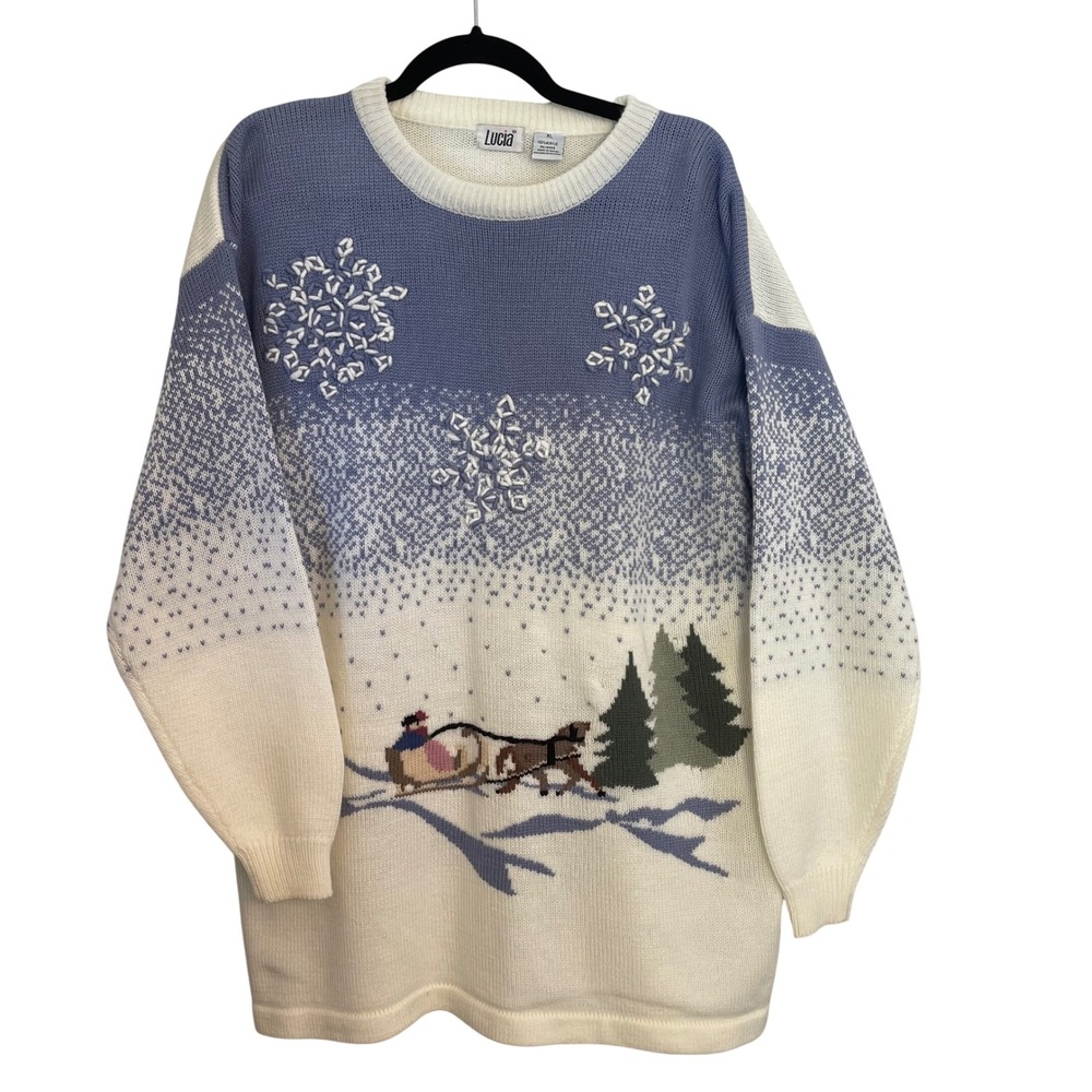 Vintage Lucia Winter Sleigh Scene Embroidered Snowflake Sweater Blue White XL